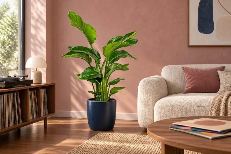 Baum-Strelitzie in einer KI-gestalteten Szene nach dem Original-Shopbild
