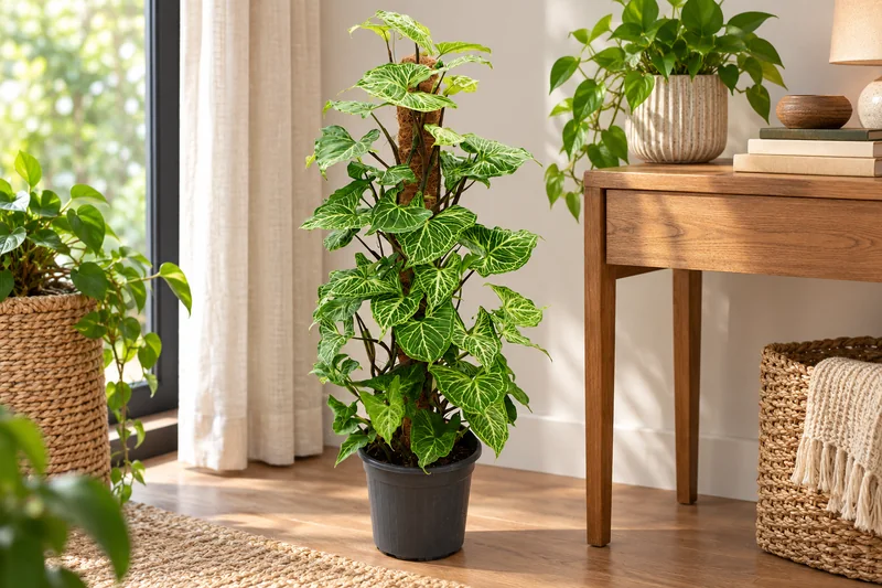 KI-gestaltete Wohnszene mit Syngonium 'Batik' in den Proportionen der jungen Sortimentspflanze