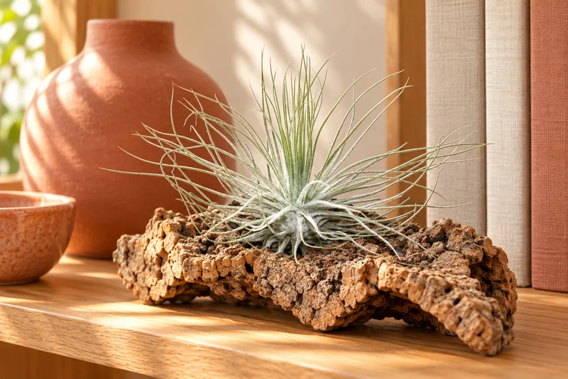 Eine kleine silbrige Tillandsia magnusiana mit sehr feinen Blattfäden offen auf Kork an einem hellen Holzregal, KI-Szene