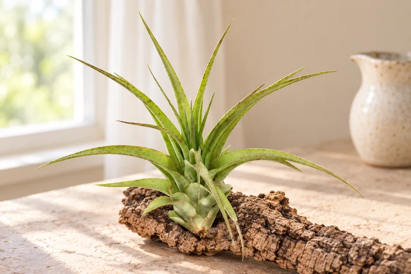 Einzelne grüne Tillandsia Multiflora auf offenem Kork am hellen Fenster in KI-gestalteter Szene