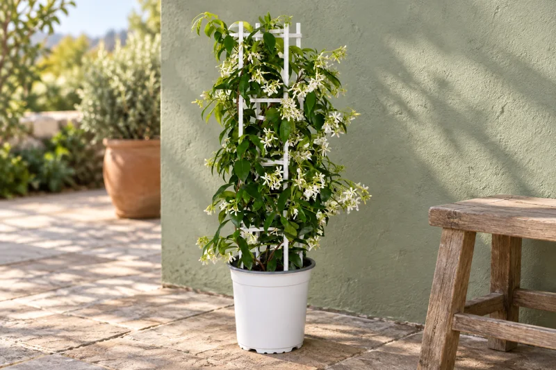 Ein junger blühender Sternjasmin Star of Venice im weißen Topf an weißem Gitter neben einer geschützten Terrassenwand; KI-gestaltete Szene