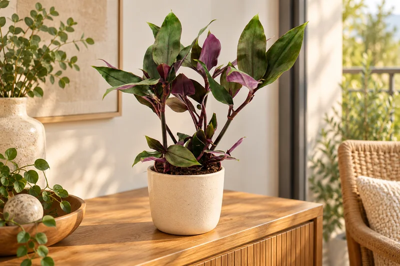 Verzweigte Tradescantia Roxxo mit grünen Blattoberseiten und violetten Unterseiten im hellen Keramikübertopf auf einem Sideboard