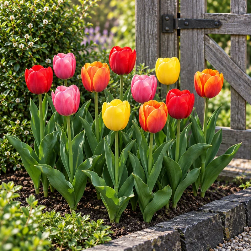 Darwin-Hybrid-Tulpen mit einfachen roten, rosa, orangefarbenen und gelben Bechern im Beet am Holztor in KI-gestalteter späterer Gartenszene
