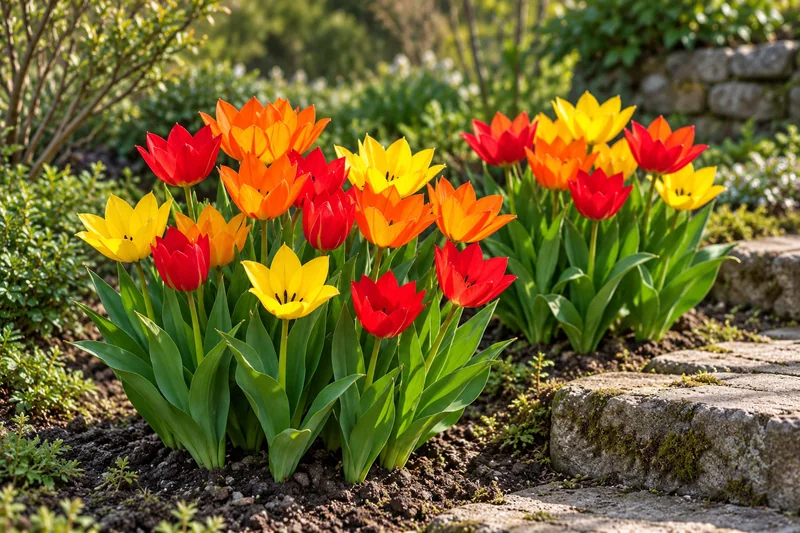 KI-gestaltete spätere Praestans-Tulpenblüte an einer niedrigen Gartenkante