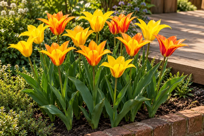 Tulpe Vendee Globe in einer passenden KI-gestalteten Gartenansicht. Beispiel einer später gewachsenen Frühlingsblüte, nicht der Zwiebel-Lieferzustand.