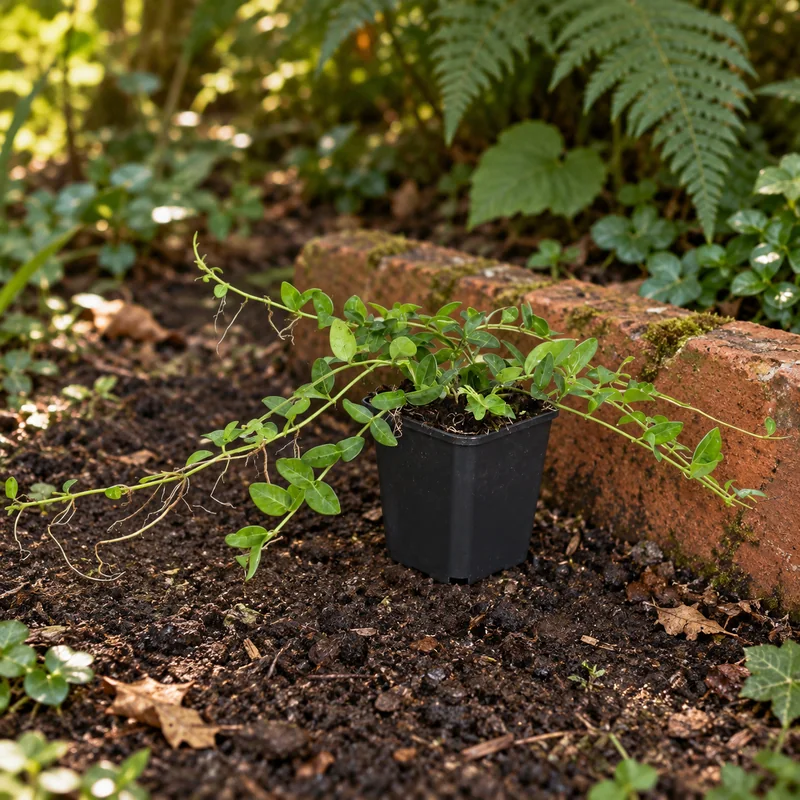 Kleines Immergrün Alba in KI-gestalteter Gartenansicht. Eine junge Einzelpflanze mit dünnen seitlichen Trieben vor dem Einpflanzen.