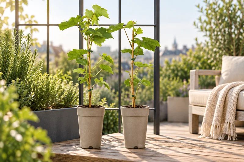 Zwei junge Himrod-Reben in sandfarbenen Töpfen auf einer Holzterrasse vor einem Metallspalier, KI-Szene