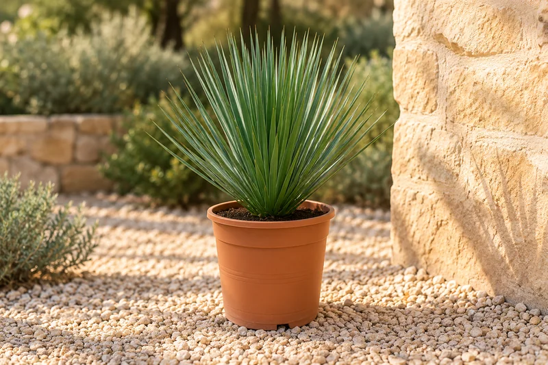 Palmlilie Yucca rostrata in einer passenden KI-gestalteten Gartenansicht. Eine junge Rosette ohne hohen Stamm entsprechend der Lieferansicht.