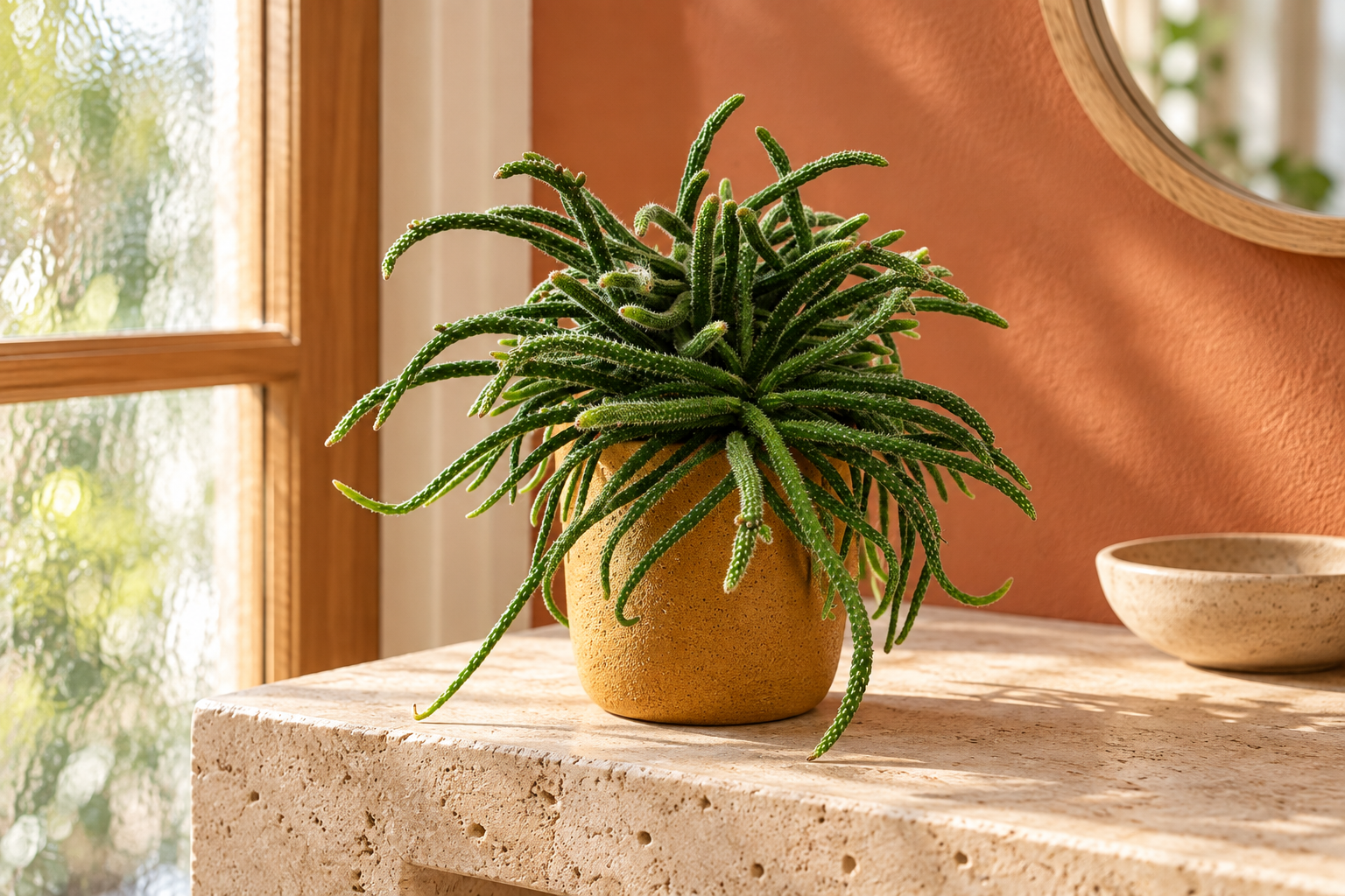 Kleiner Rhipsalis horrida mit schmalen fein beborsteten grünen Sprossen in einem ockerfarbenen Topf auf einer hellen Konsole in einer KI-Szene