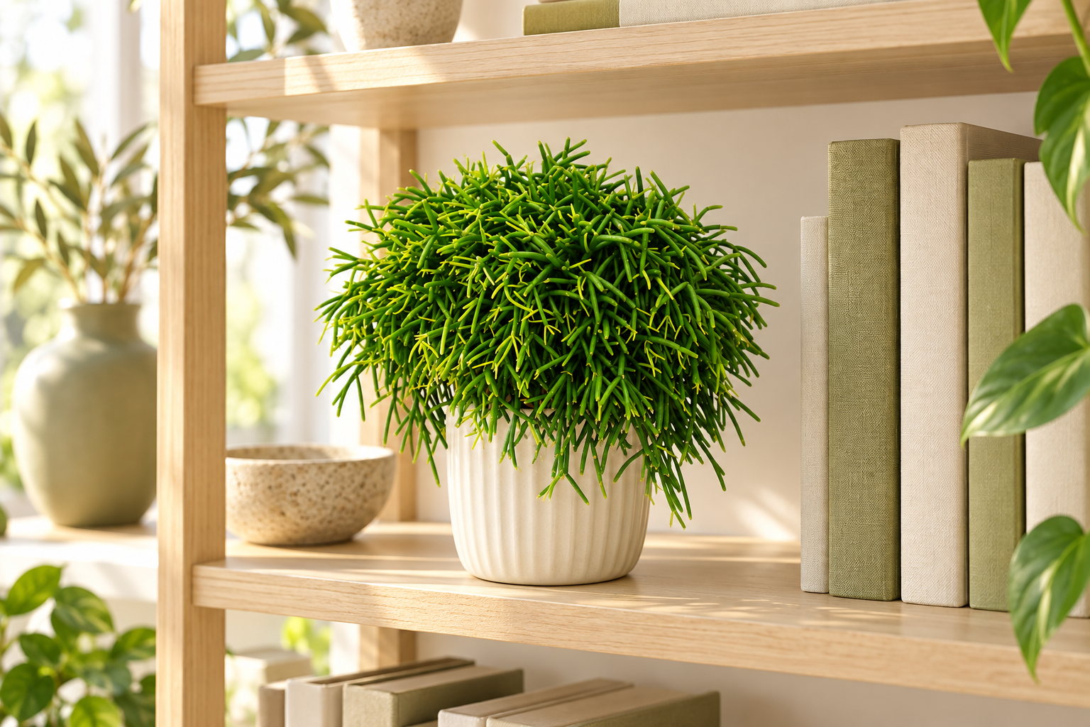 Rhipsalis baccifera Oasis mit rundlichen grünen Trieben auf einem hellen offenen Bücherregal