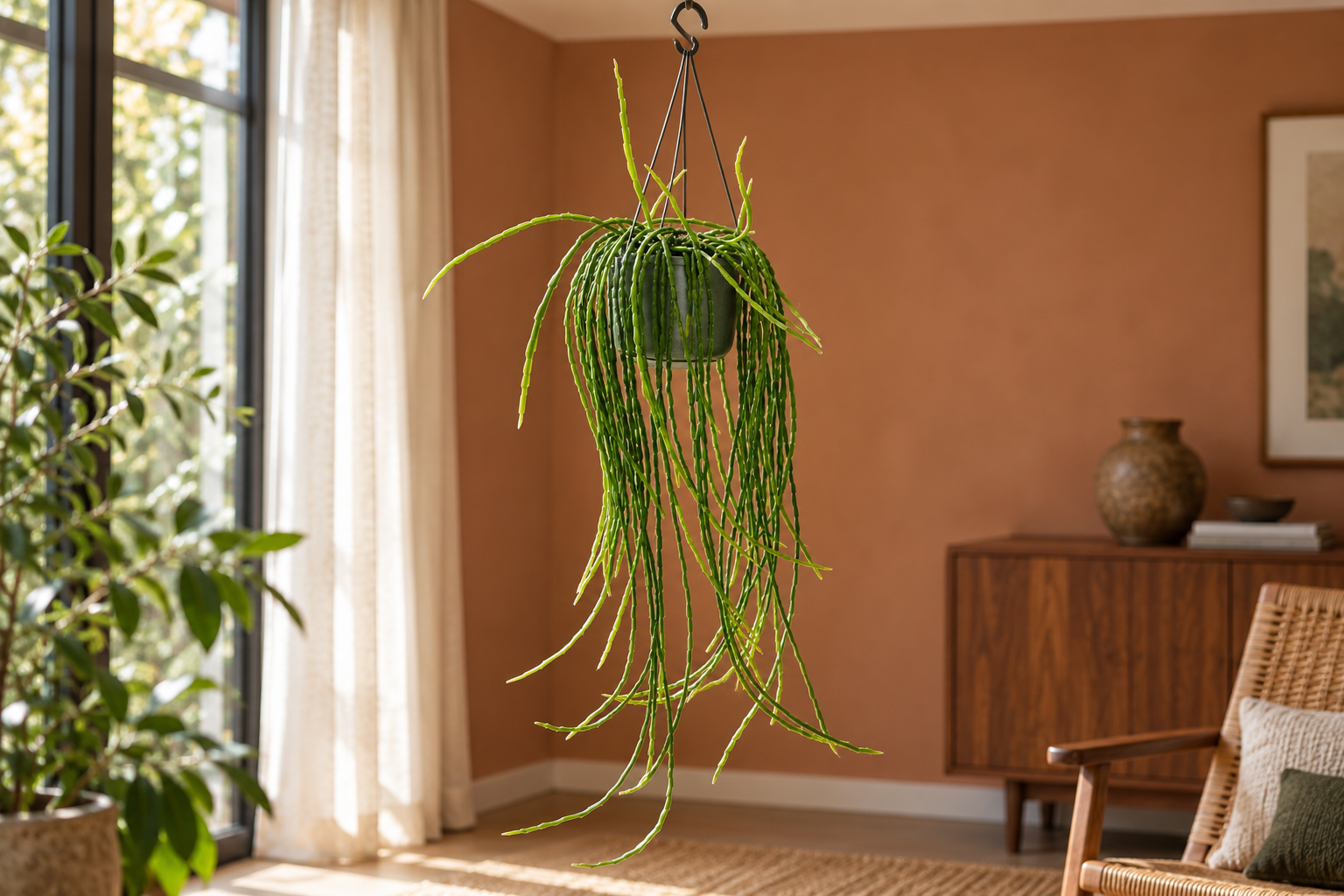 Rhipsalis paradoxa mit langen dünnen kantigen Gliederketten in einer olivgrünen Ampel vor einer warmen Terrakottawand in einer KI-Szene