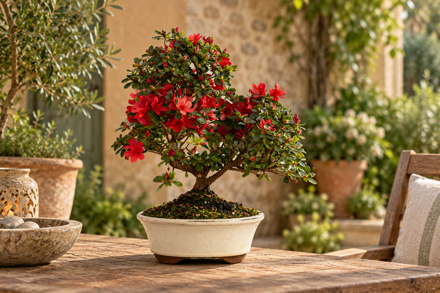 KI-gestaltete Gartenszene mit Rhododendron indicum in den Proportionen der jungen Sortimentspflanzen