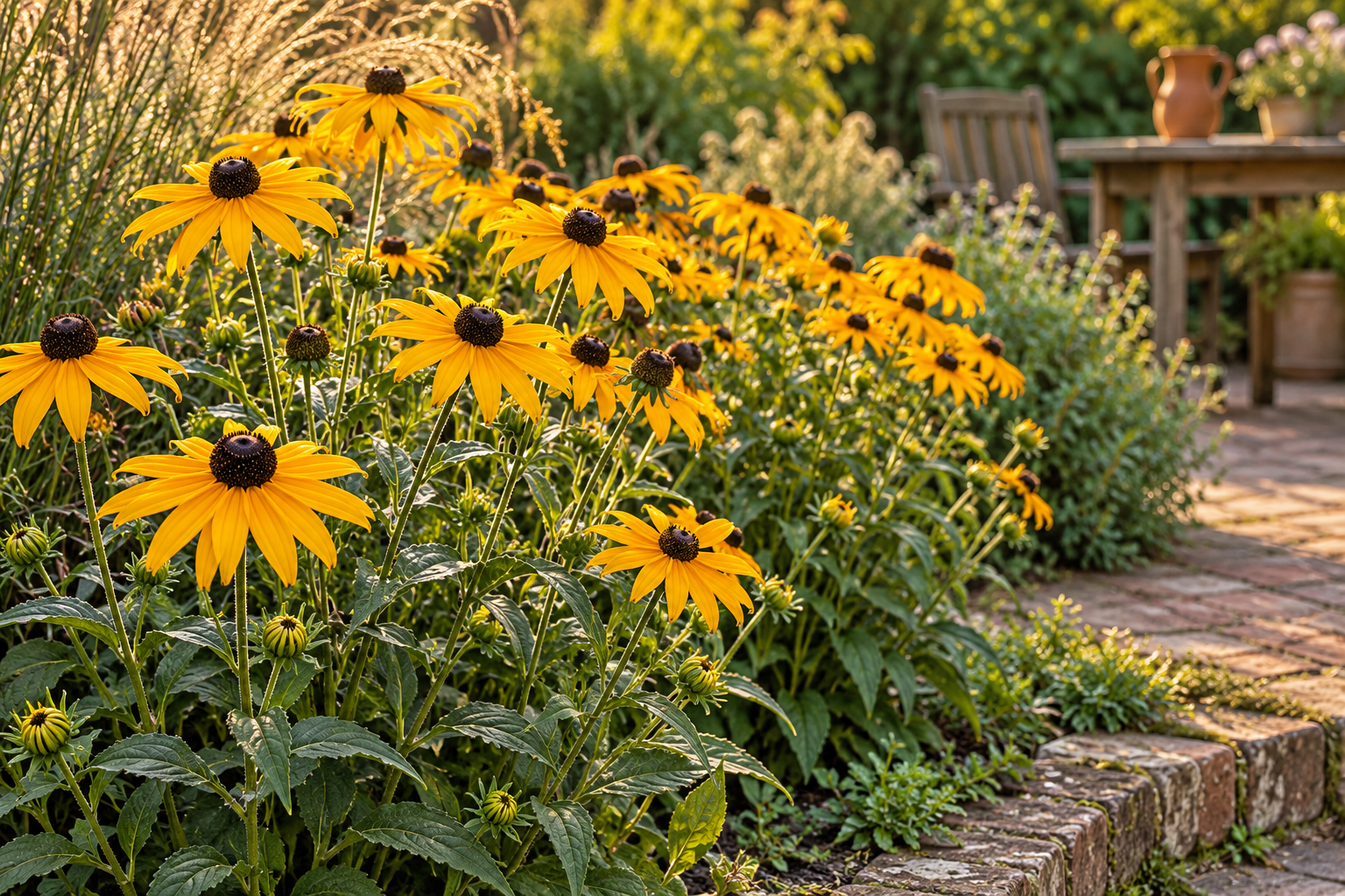 Später eingewachsene Sonnenhüte Goldsturm mit goldgelben Blüten und dunklen Mitten in einem Gartenbeet