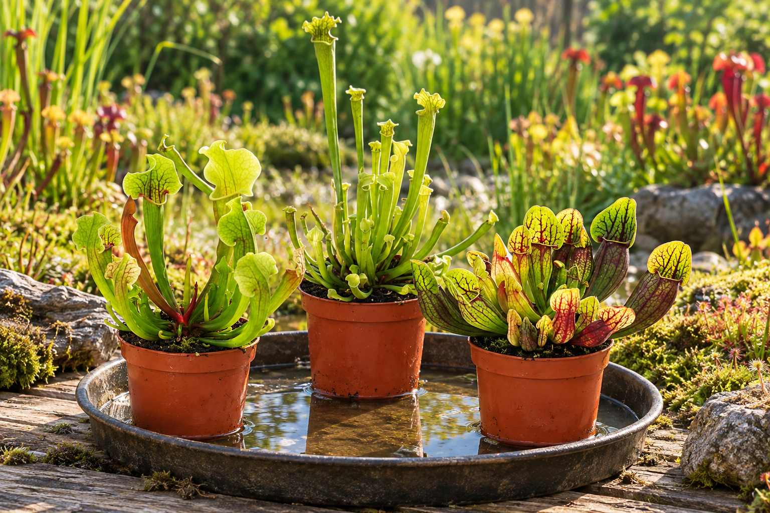 Drei unterschiedliche Sarracenia mit höheren grünen und kompakteren rötlich gezeichneten Fangblättern in getrennten Töpfen über flachem Wasser auf einem sonnigen Garten-Pflanztisch, KI-Szene
