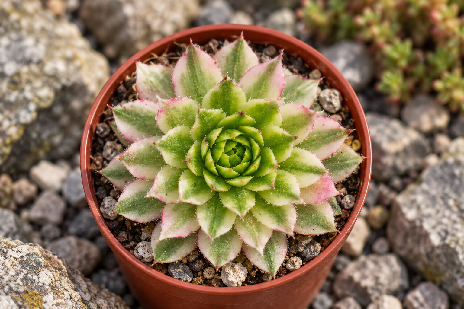Vergrößerte Saxon-Rosette mit spitzen fleischigen grün-cremeweißen Blättern, feinen Randhaaren und rosa Spitzen im kleinen Kulturtopf; KI-gestaltetes Detail