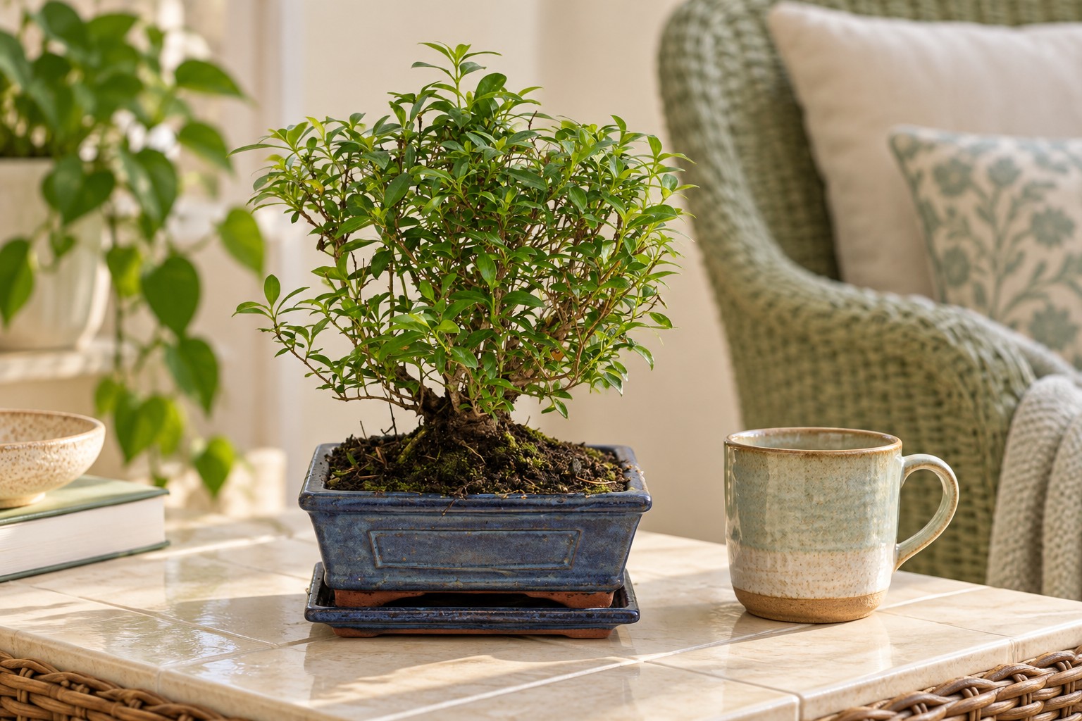 Junischnee als Bonsai in einer KI-gestalteten Szene nach dem Original-Shopbild