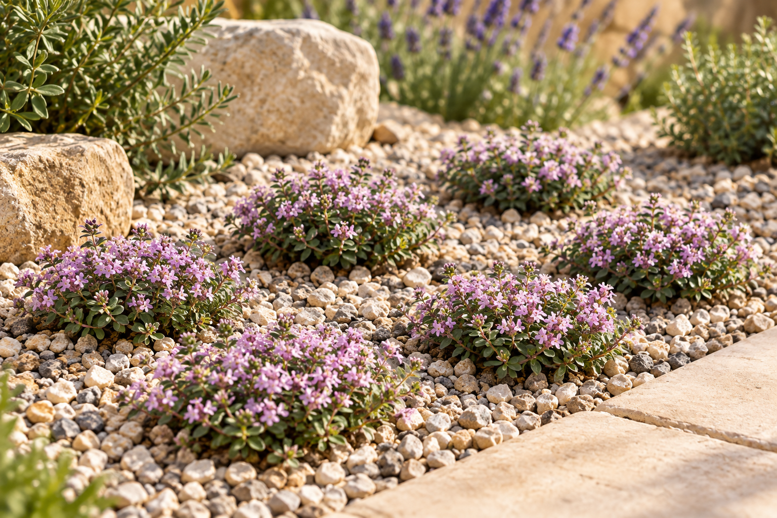 Sechs junge Purple-Beauty-Thymianpolster mit einzelnen purpurrosa Blüten in einem sonnigen Kiesbeet, KI-Szene