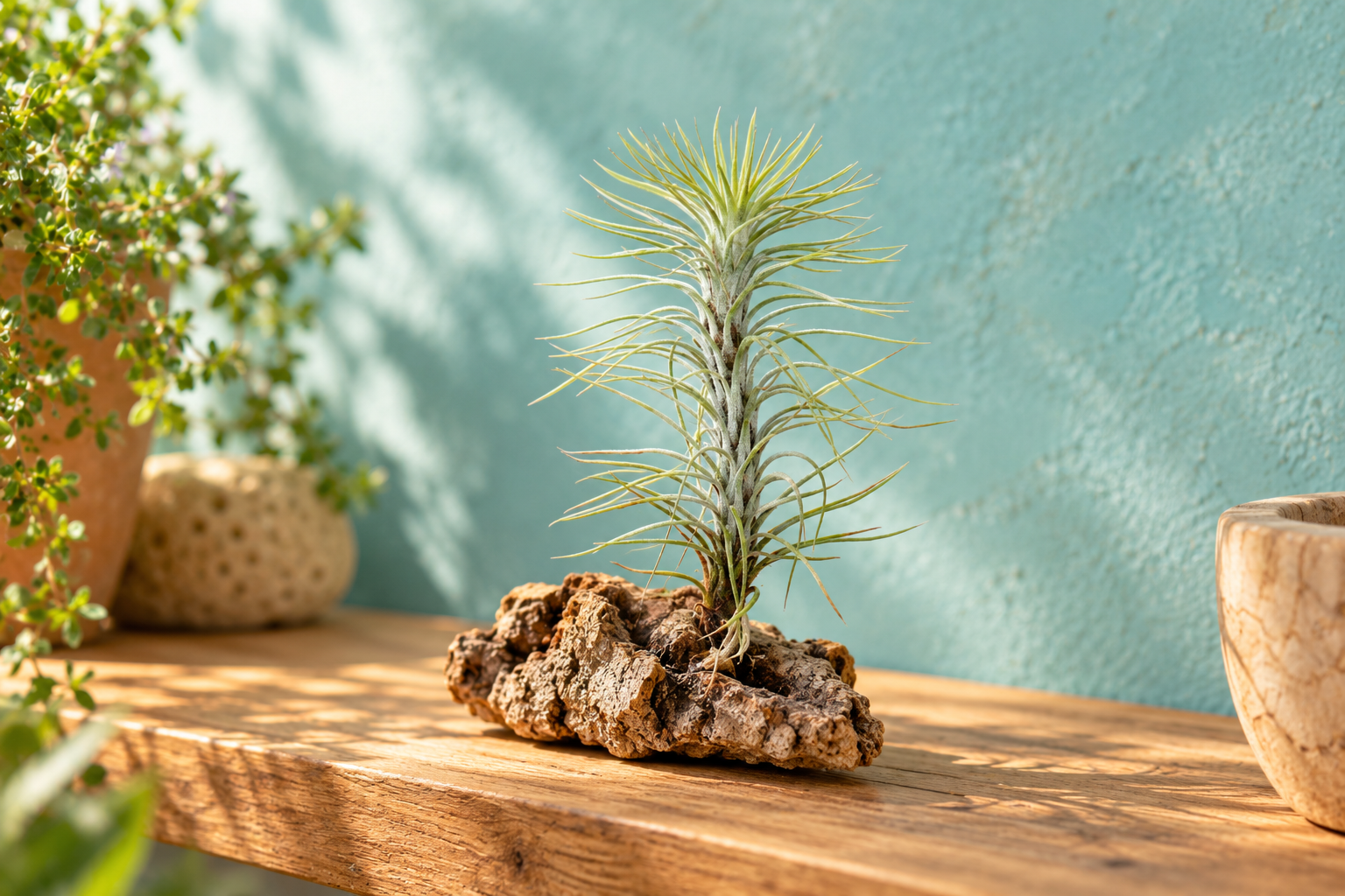 KI-gestaltete Szene mit Tillandsia funckiana in den Proportionen der konkreten Sortimentspflanze