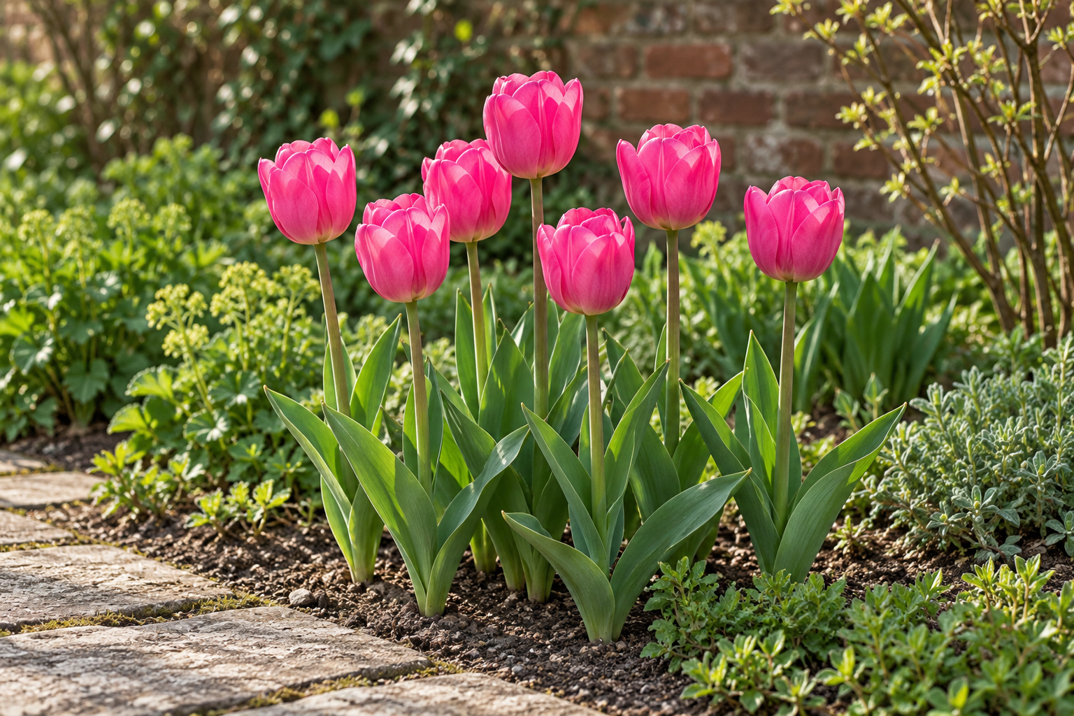 Pinke Triumph-Tulpen mit einfachen Bechern und breitem grünem Laub am Gartenweg in KI-gestalteter späterer Frühlingsszene