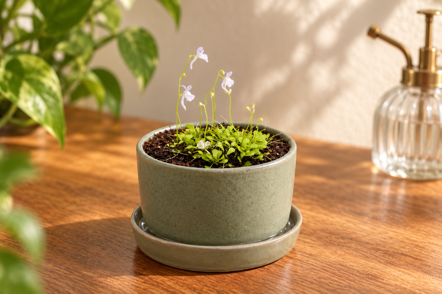 Kleine Utricularia sandersonii mit niedrigem grünem Teppich und feinen Hasenblüten im salbeigrünen Gefäß auf einem hellen Sammlertisch