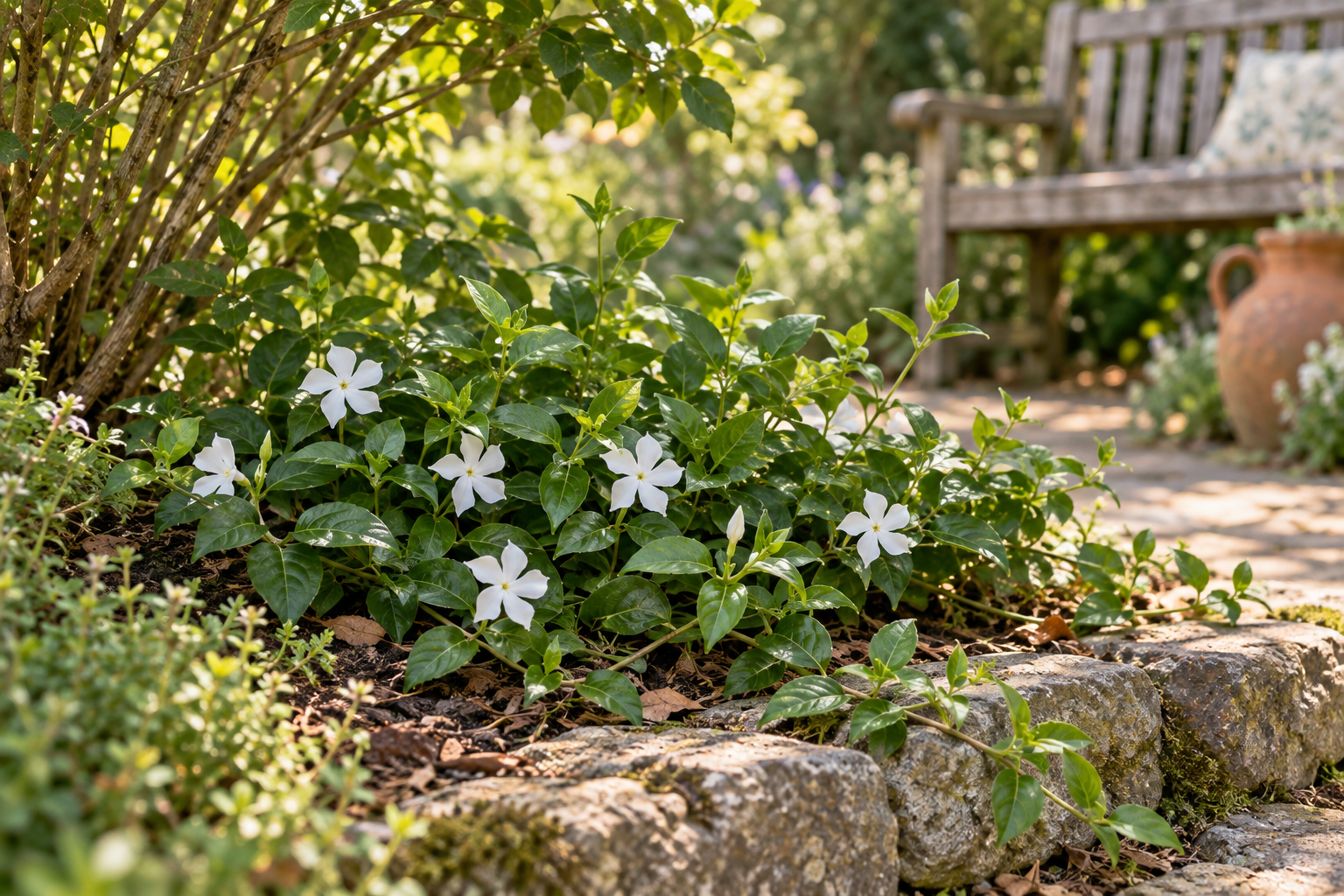Später entwickeltes weiß blühendes Großblättriges Immergrün Alba mit glänzenden grünen Blättern in einem Gartenbeet