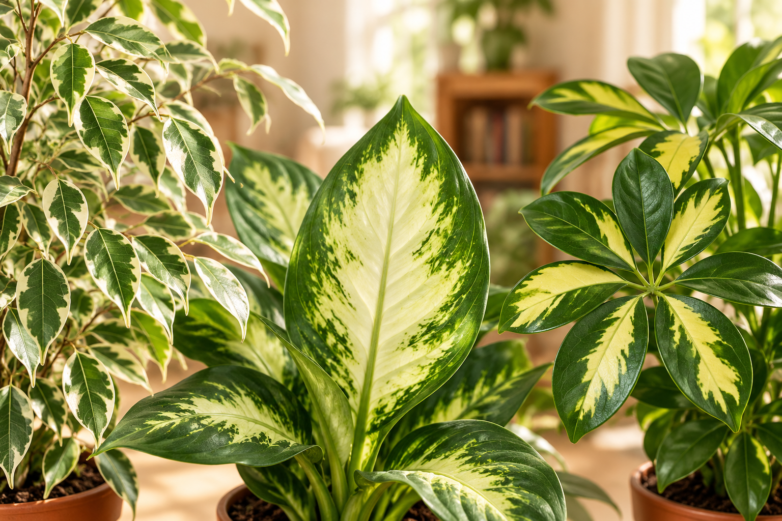 Vergrößerte KI-Detailansicht von Dieffenbachia · Schefflera · Ficus benjamina 'Twilight'